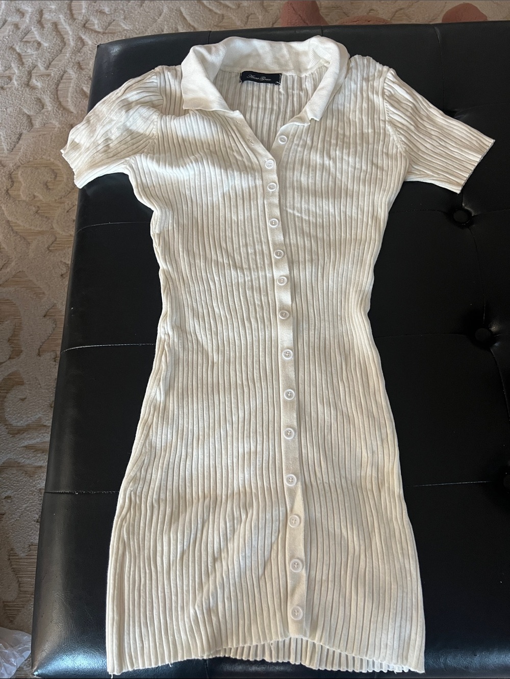 Anna Grace Cream Ribbed Button-Front Polo Dress